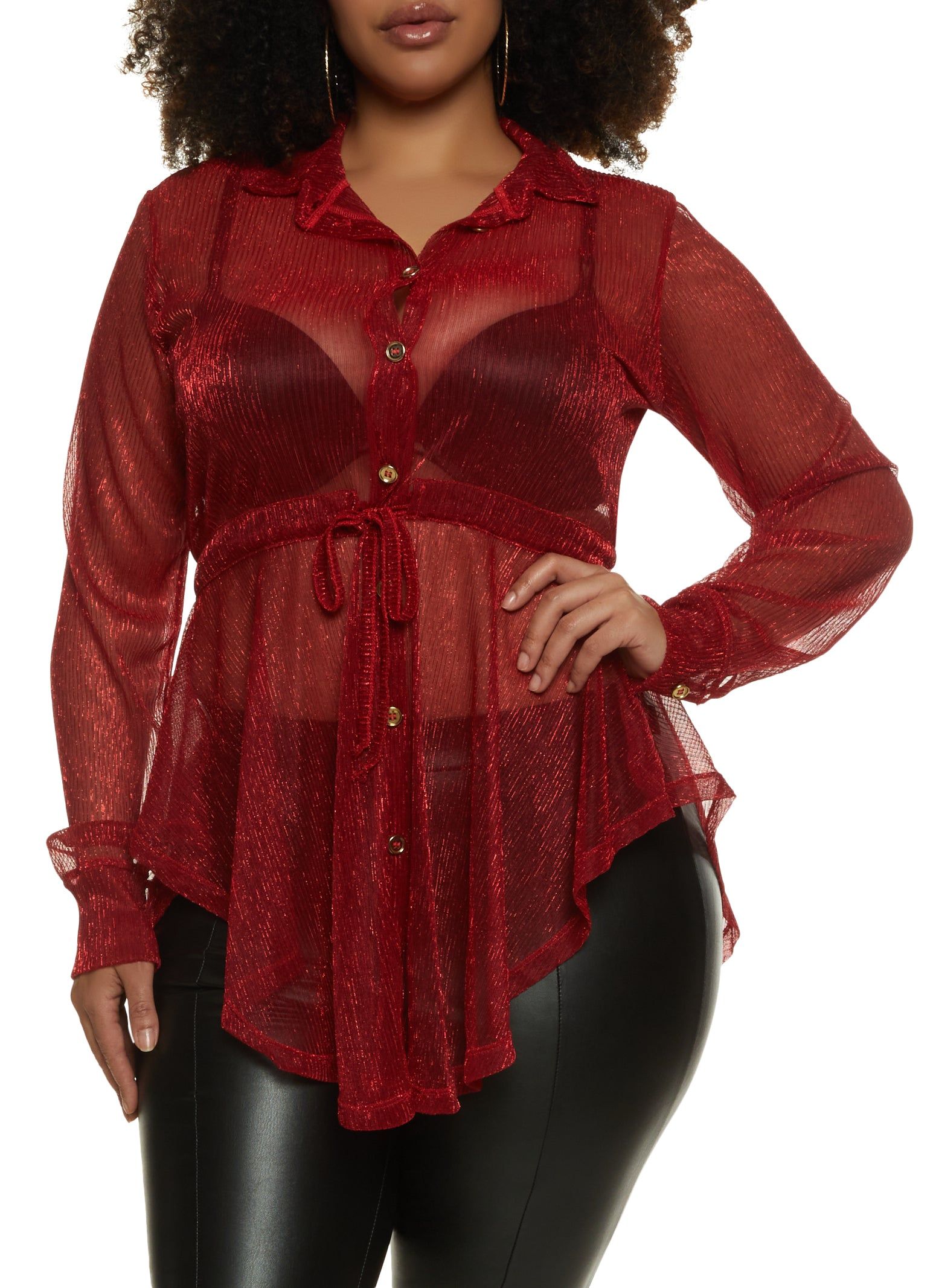Plus Size Sheer Lurex Button Down Long Sleeve Shirt sold by Rainbow