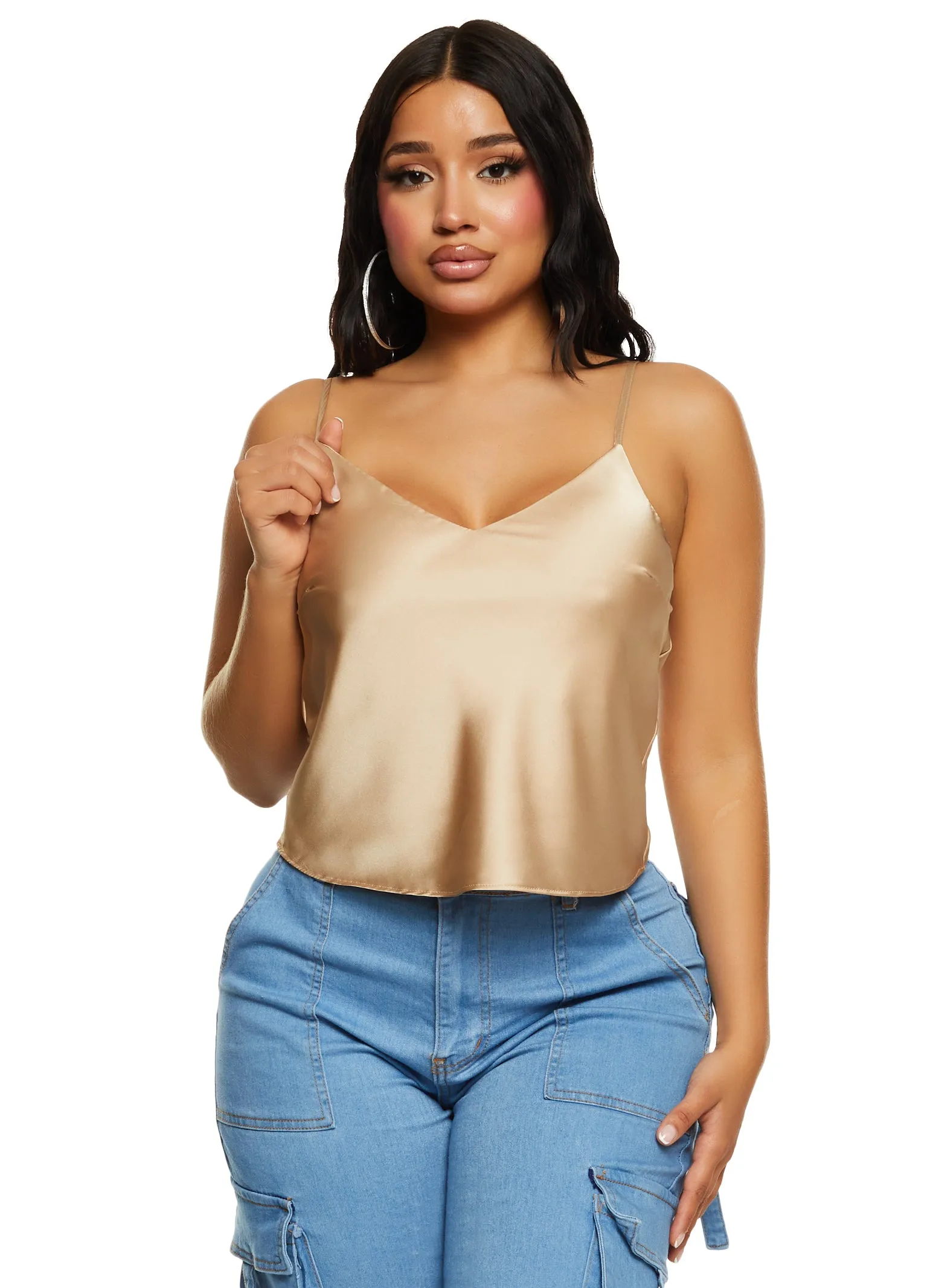 Satin V Neck Cropped Cami sold by Rainbow