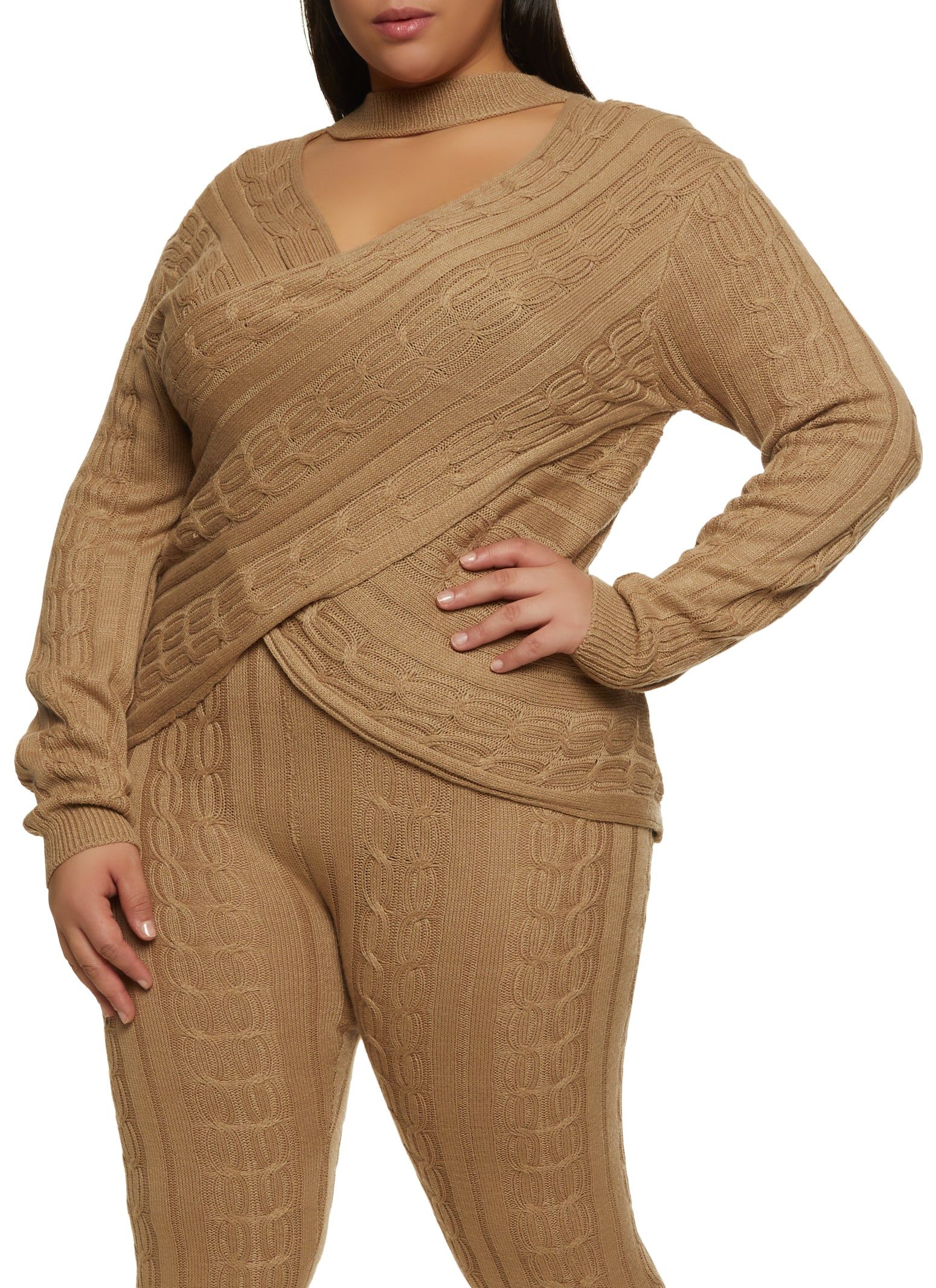 Plus Size Cable Knit Cut Out Criss Cross Sweater sold by Rainbow
