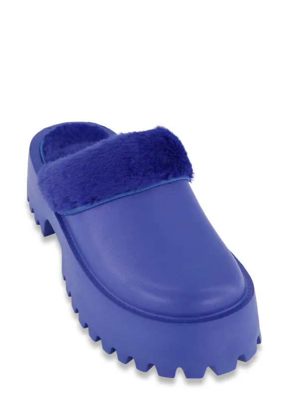 Lug Sole Faux Fur Trim Platform Slide Clogs sold by Rainbow