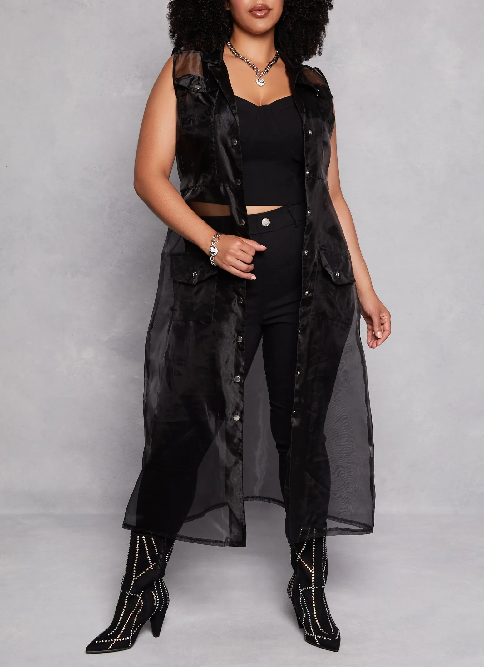 Plus Size Organza Button Front Tie Waist Belted Maxi Top sold by Rainbow