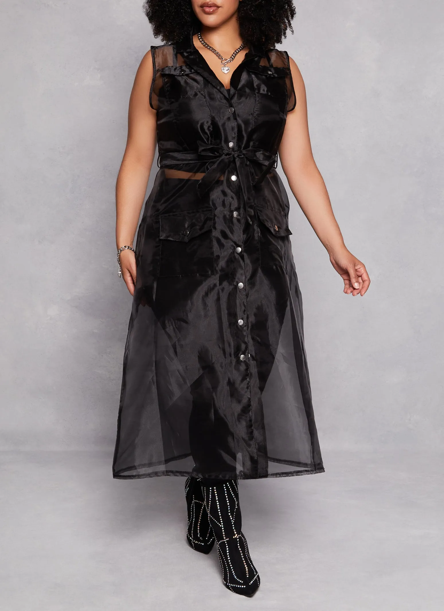 Plus Size Organza Button Front Tie Waist Belted Maxi Top sold by Rainbow product image thumbnail 2