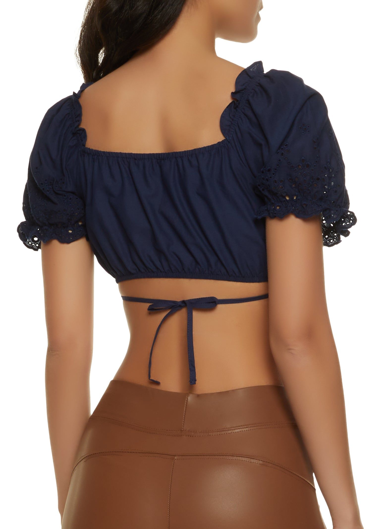 Puff Sleeve Tie Back Eyelet Crop Top sold by Rainbow product image thumbnail 2