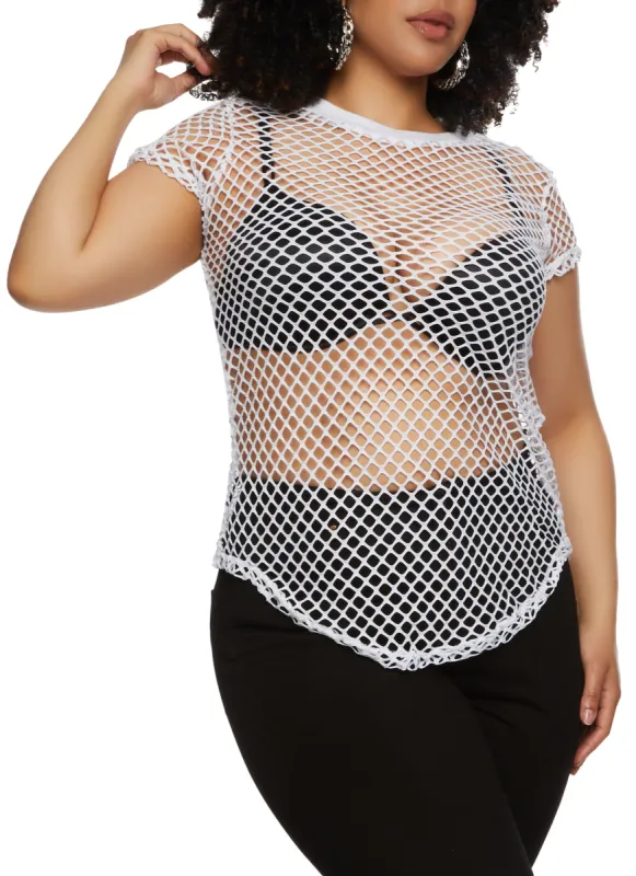 Plus Size Fishnet Crew Neck Top sold by Rainbow