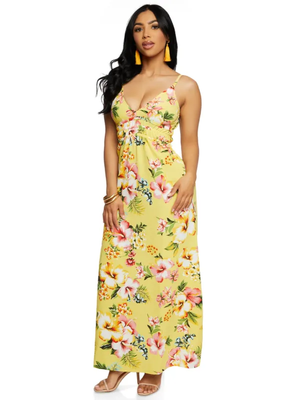 Tropical Floral Print Smocked Waist Maxi Dress sold by Rainbow