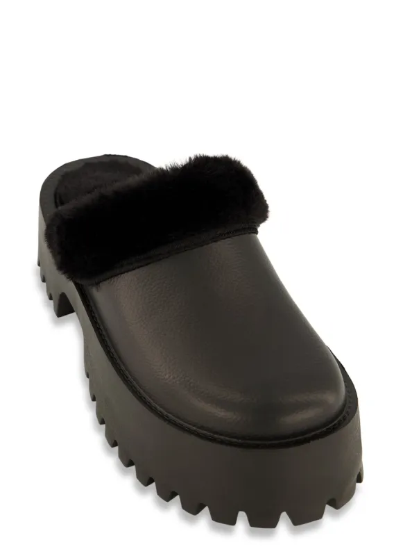 Lug Sole Faux Fur Trim Platform Slide Clogs sold by Rainbow