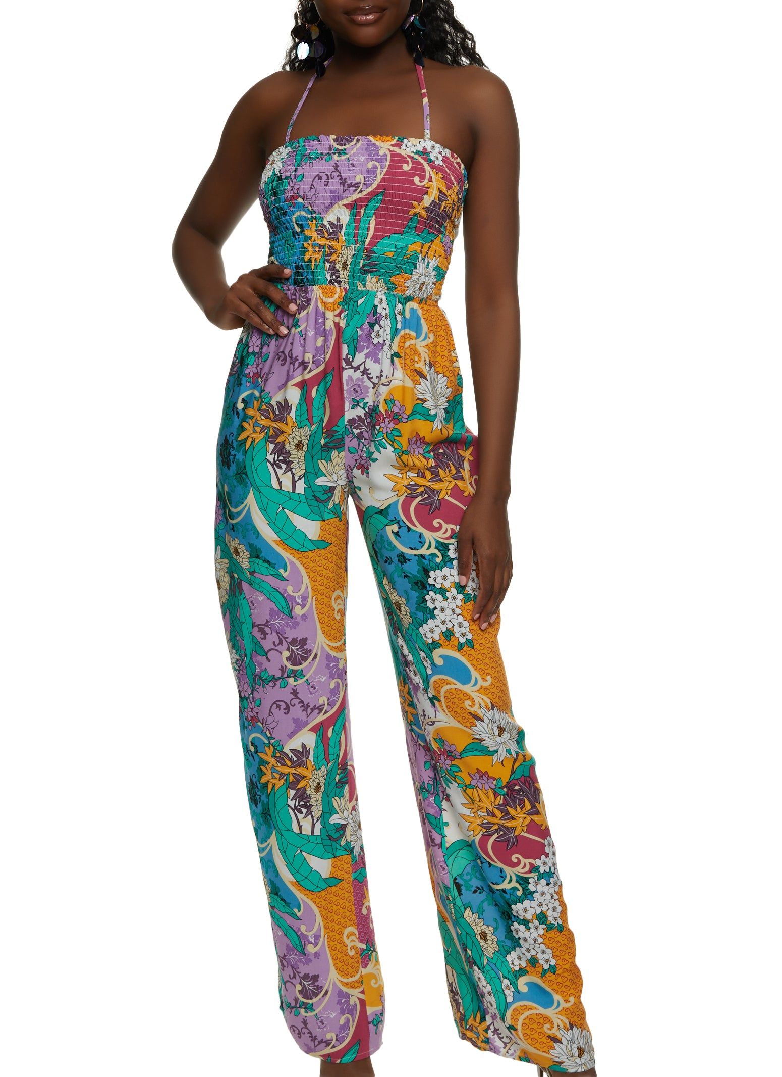 Tropical Print Smocked Jumpsuit sold by Rainbow