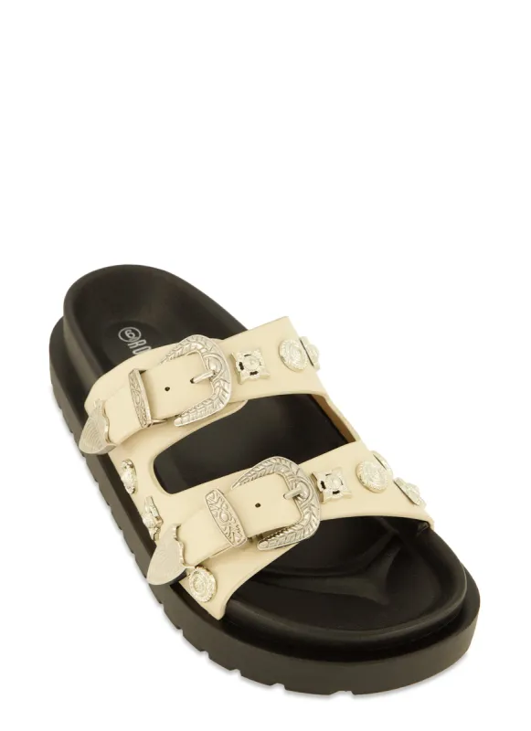 Double Buckle Band Embellished Slide Sandals sold by Rainbow