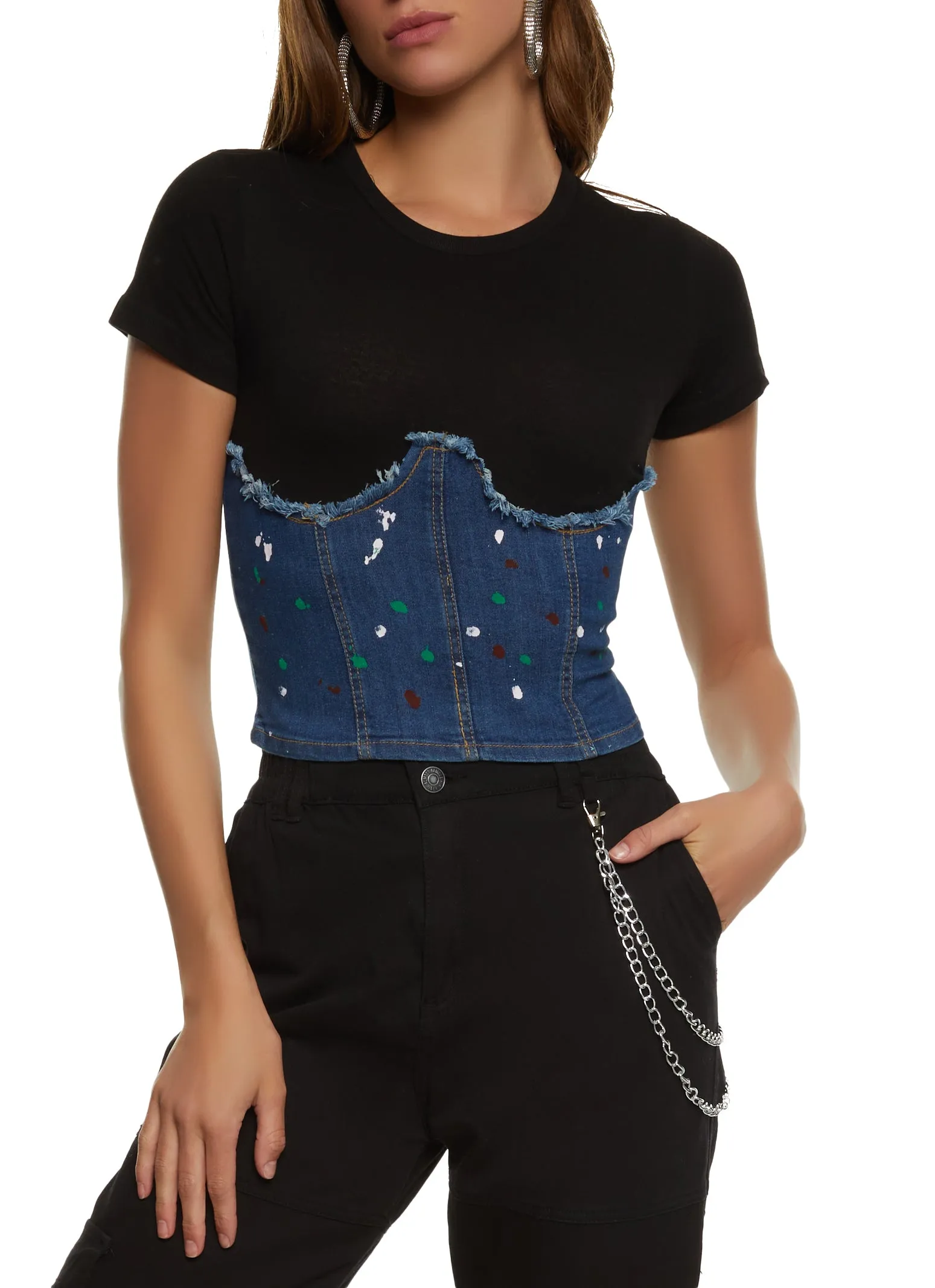 Paint Splatter Denim Corset T Shirt sold by Rainbow
