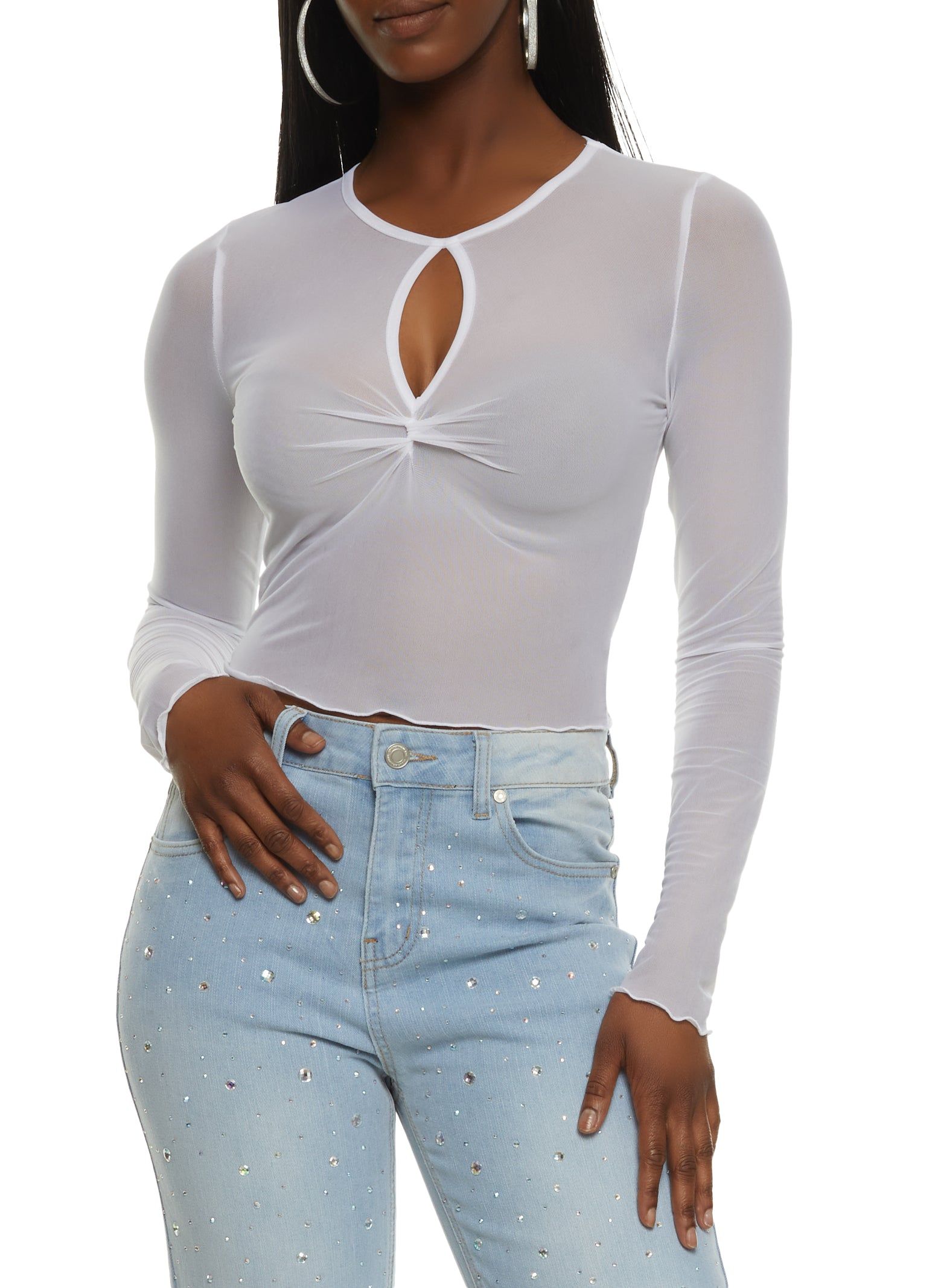 Mesh Keyhole Long Sleeve Crop Top sold by Rainbow