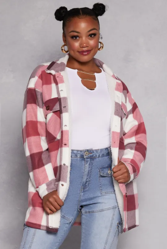 Plus Size Plaid Sherpa Lined Button Front Shacket sold by Rainbow