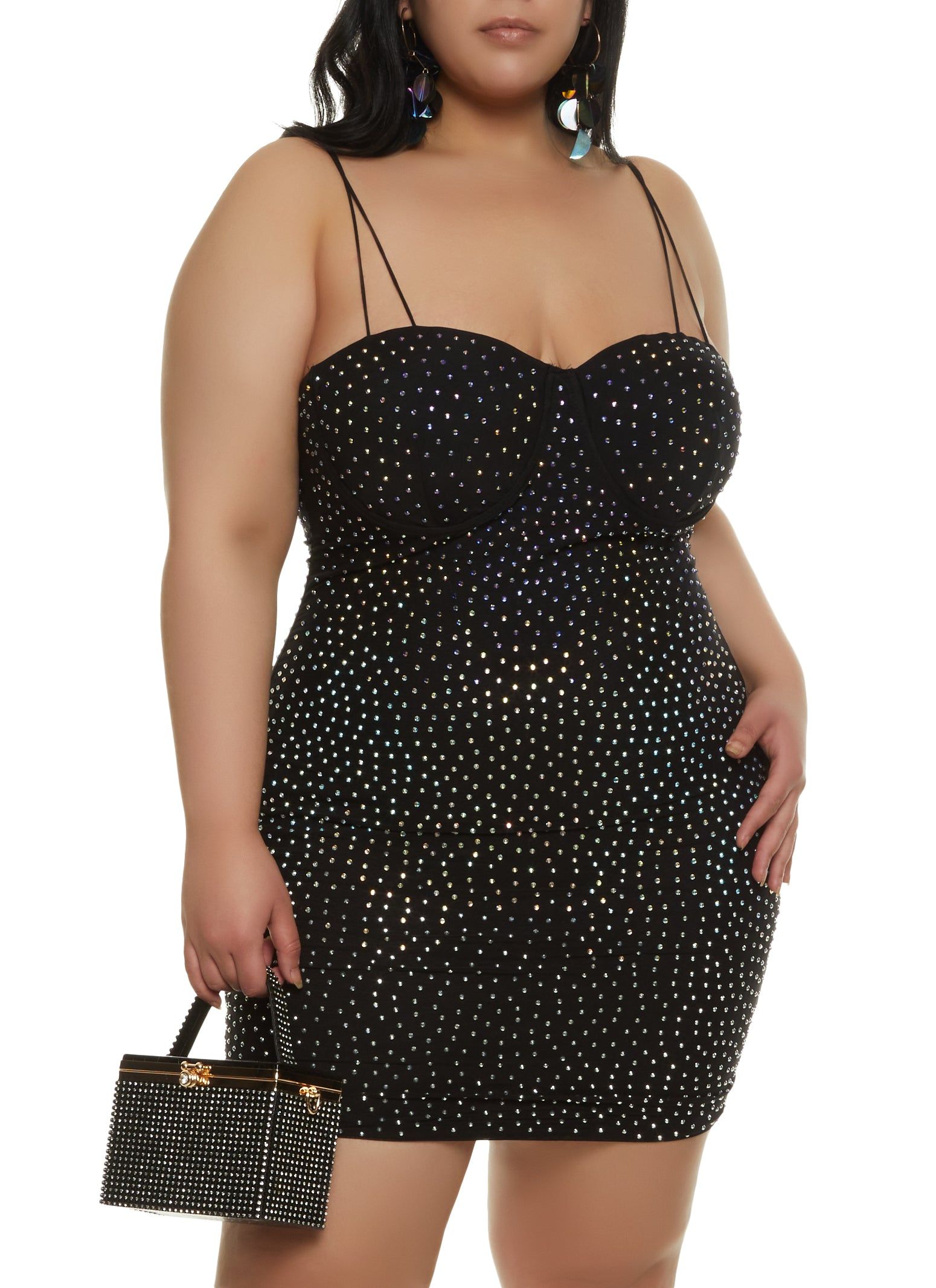 Plus Size Strappy Rhinestone Mesh Bustier Dress sold by Rainbow