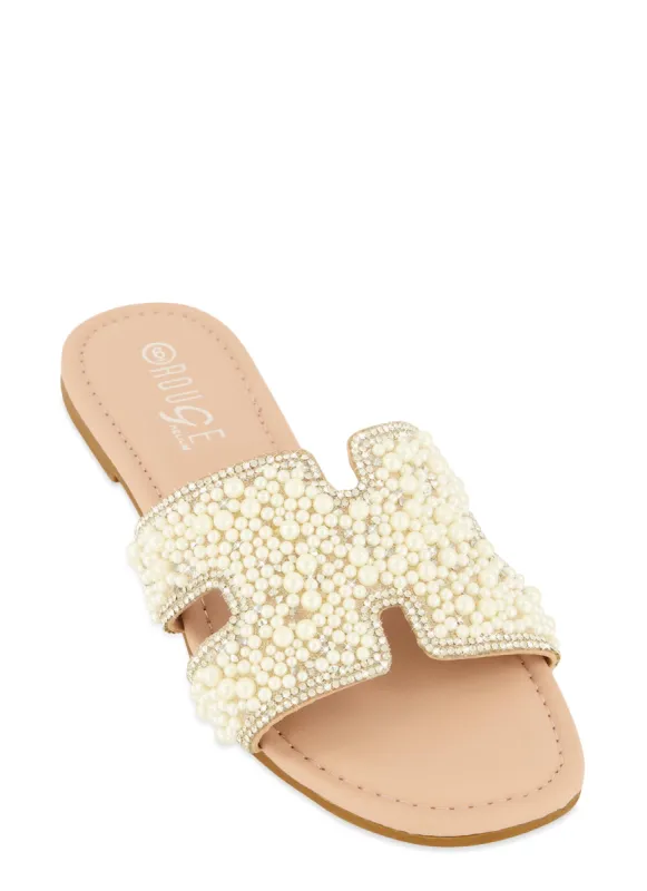 Faux Pearl Rhinestone H Band Slide Sandals sold by Rainbow