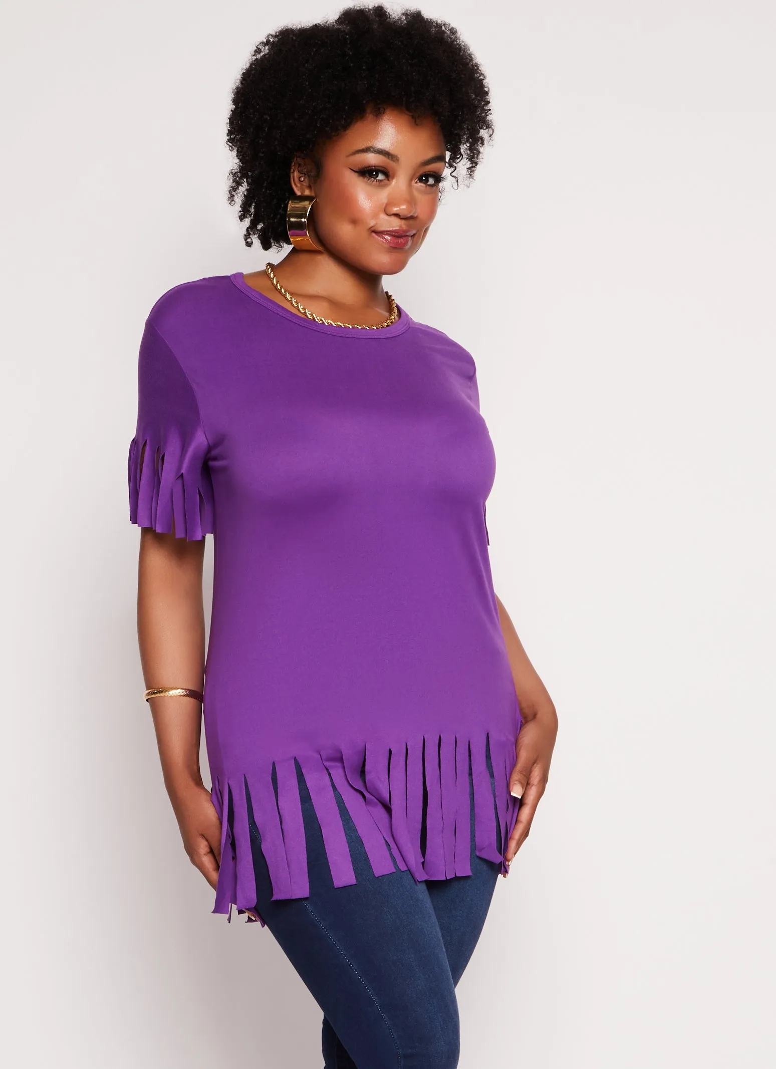 Plus Size Short Sleeve Fringe Hem T Shirt sold by Rainbow