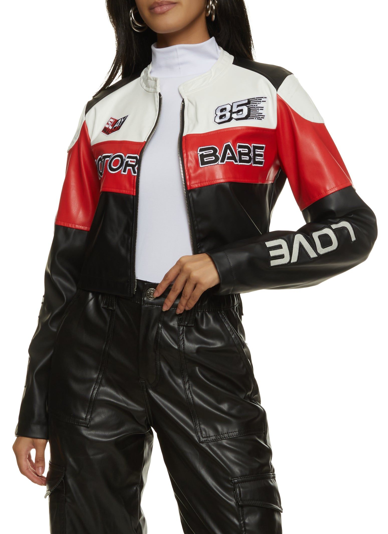 Faux Leather Motor Babe Graphic Moto Jacket sold by Rainbow