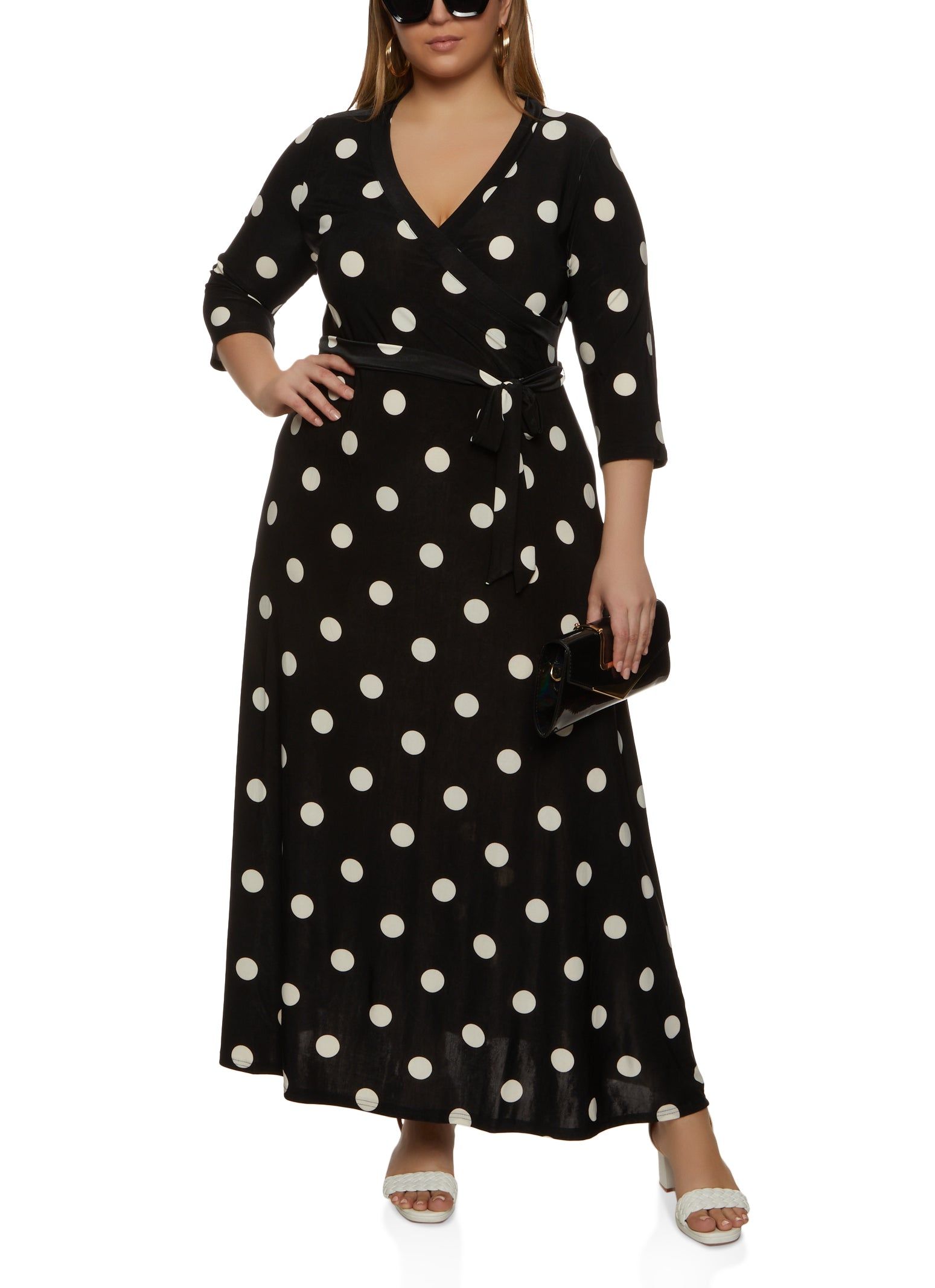 Plus Size Polka Dot Tie Waist Belted Faux Wrap Dress sold by Rainbow product image thumbnail 2