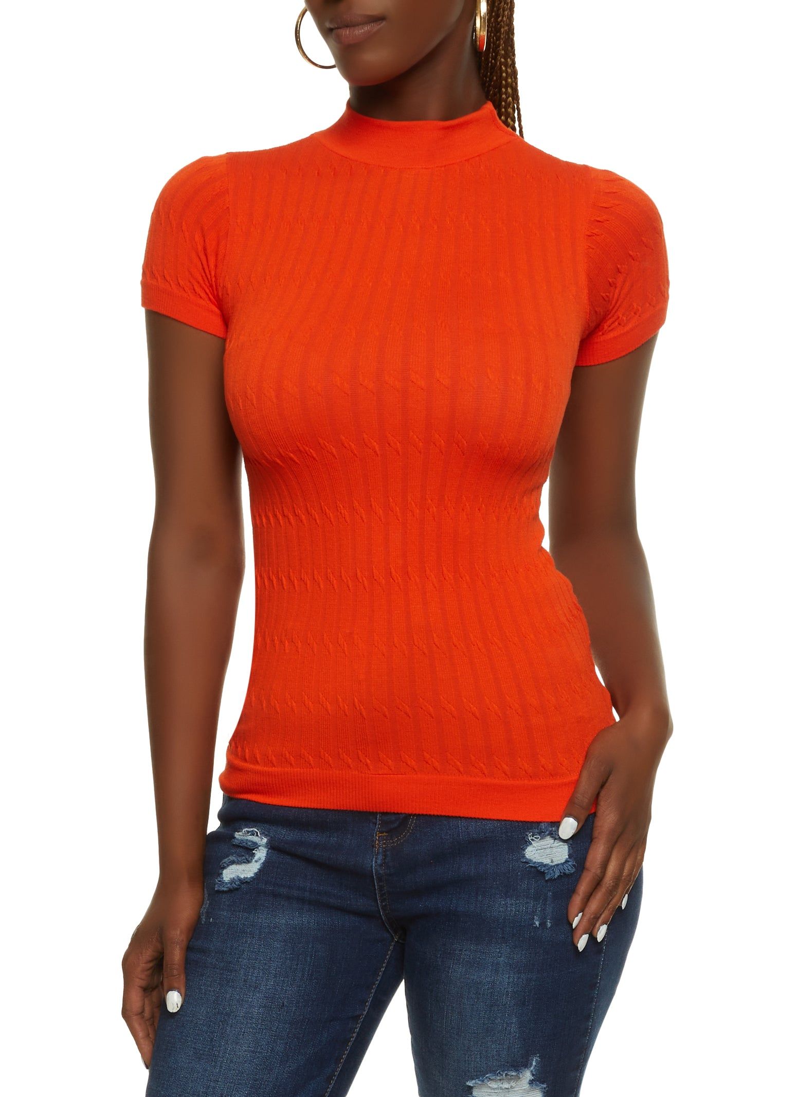 Seamless Cable Knit Mock Neck Short Sleeve Top sold by Rainbow