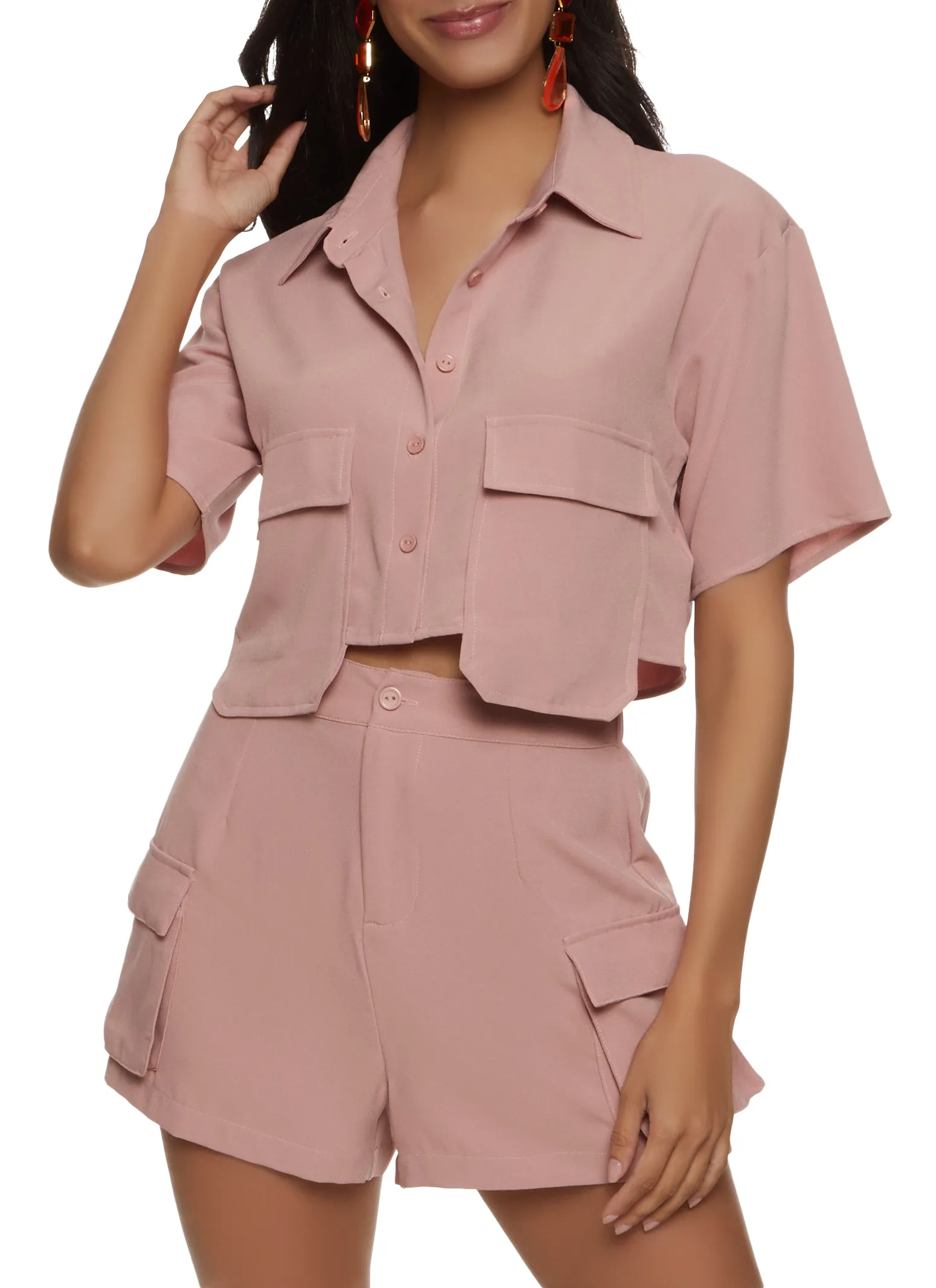 Crepe Knit Cargo Pocket Cropped Shirt sold by Rainbow