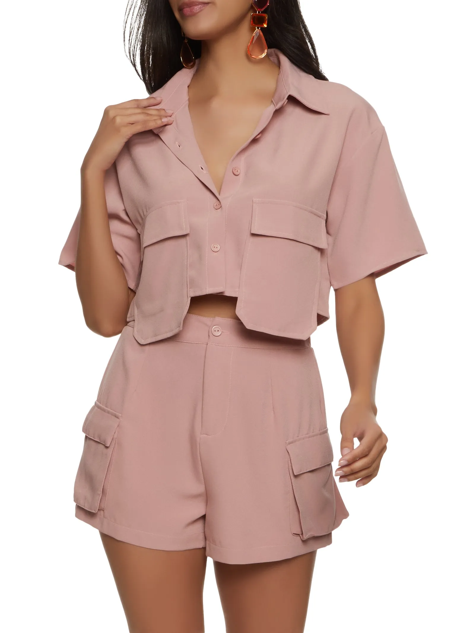 Crepe Knit Cargo Pocket Cropped Shirt sold by Rainbow product image thumbnail 2