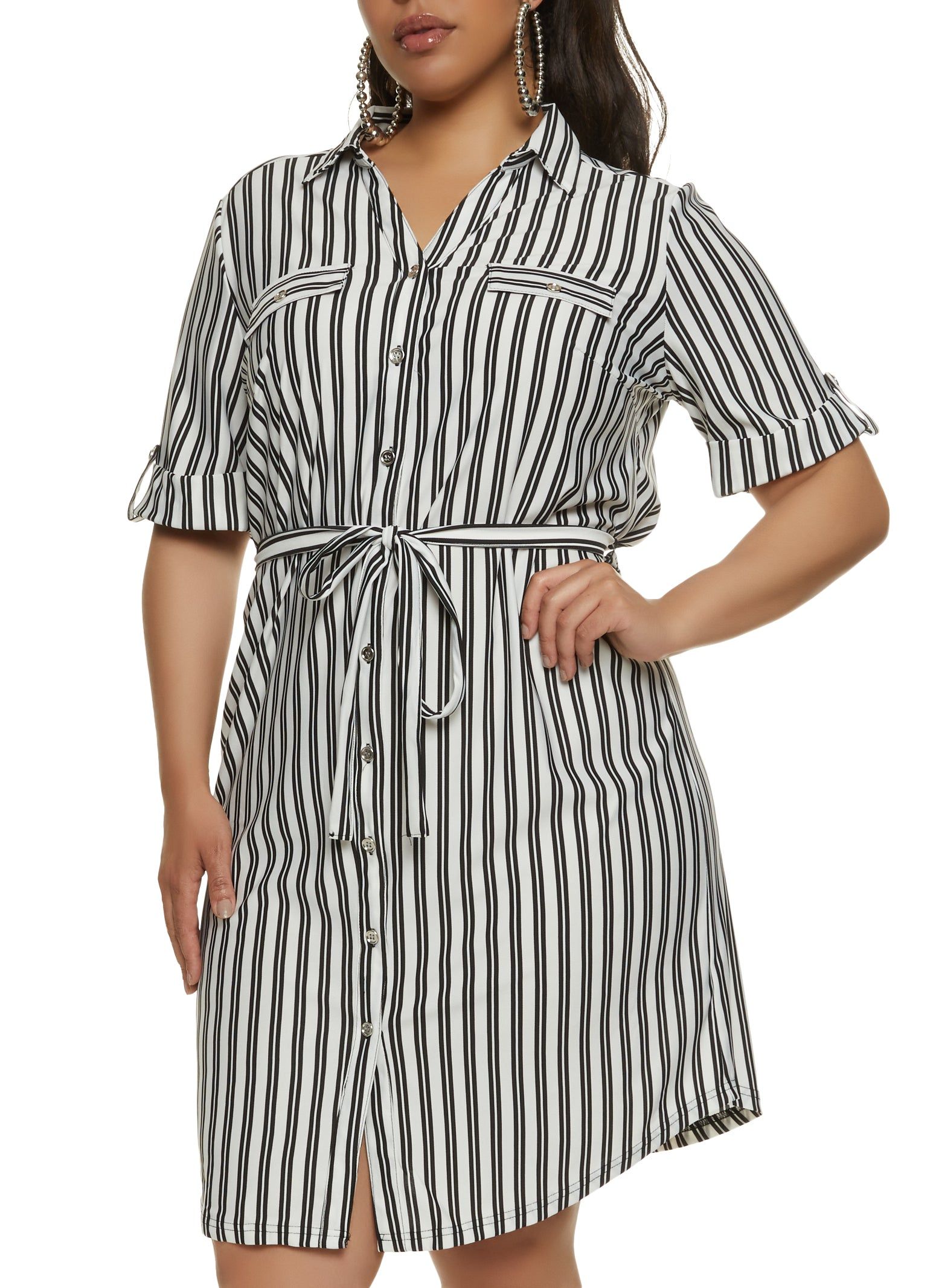Plus Size Stripe Button Front Shirt Dress sold by Rainbow