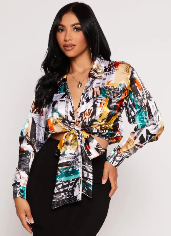 Satin Printed Long Sleeve Tie Front Blouse sold by Rainbow