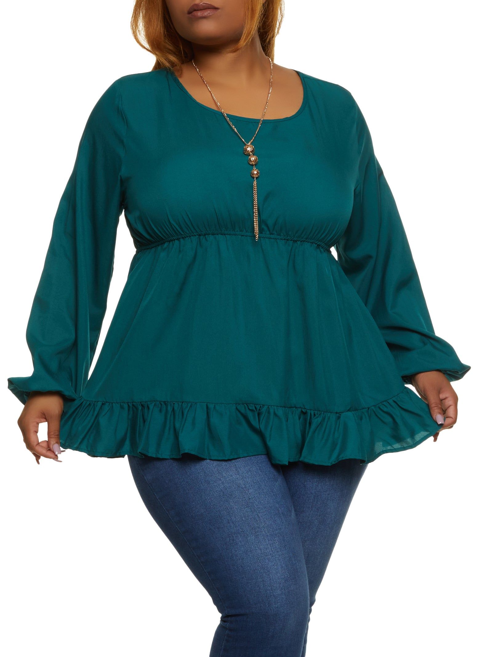 Plus Size Ruffle Trim Peplum Blouse with Necklace sold by Rainbow