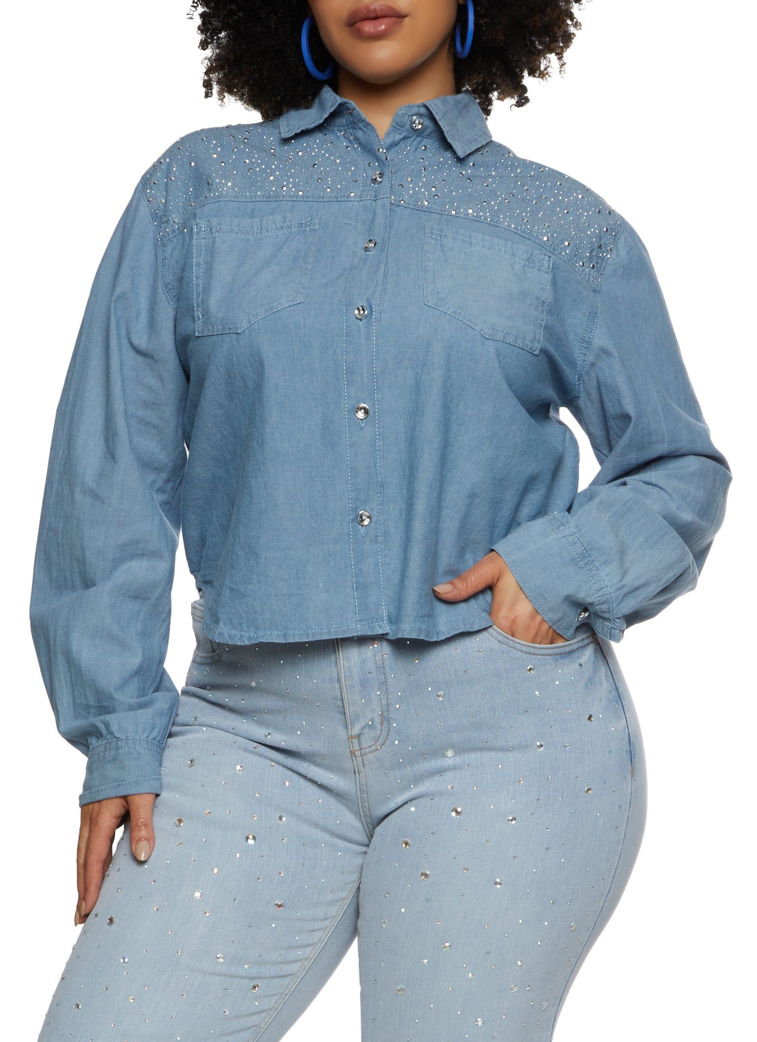 Plus Size Rhinestone Button Front Denim Shirt sold by Rainbow