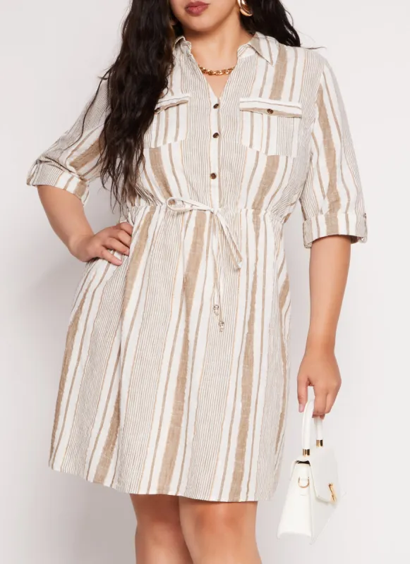 Plus Size Lurex Striped Linen Shirt Dress sold by Rainbow
