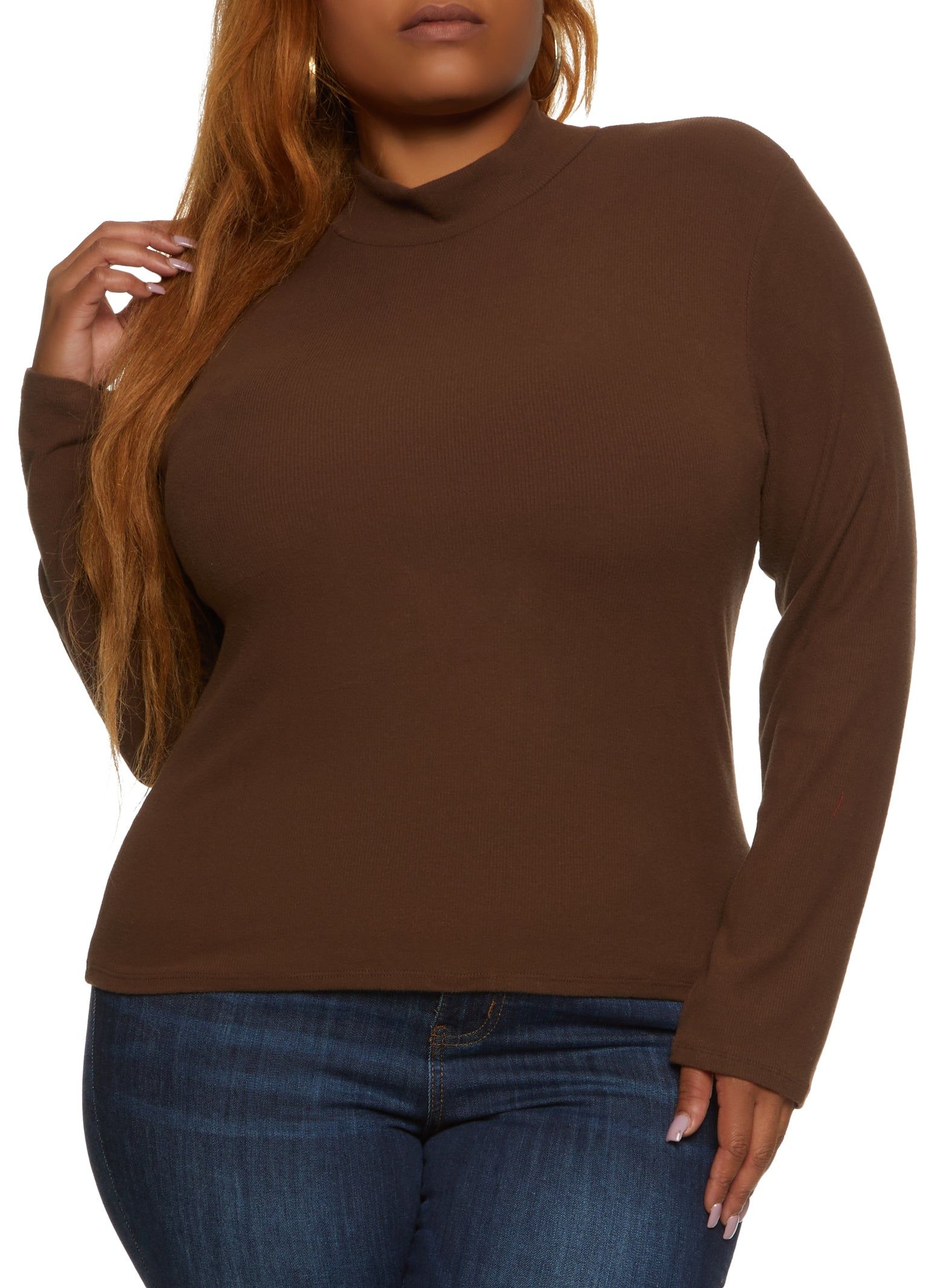 Plus Size Ribbed Knit Mock Neck Long Sleeve Top sold by Rainbow