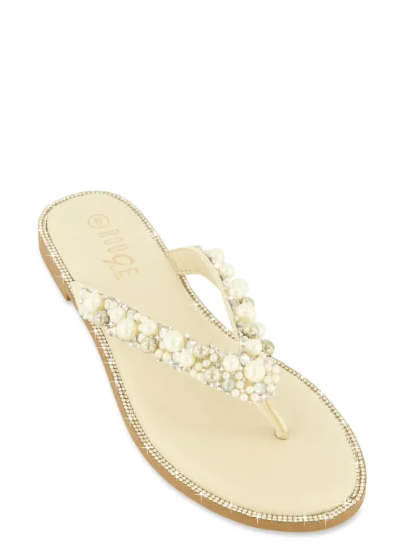 Rhinestone Trim Faux Pearl Thong Sandals sold by Rainbow