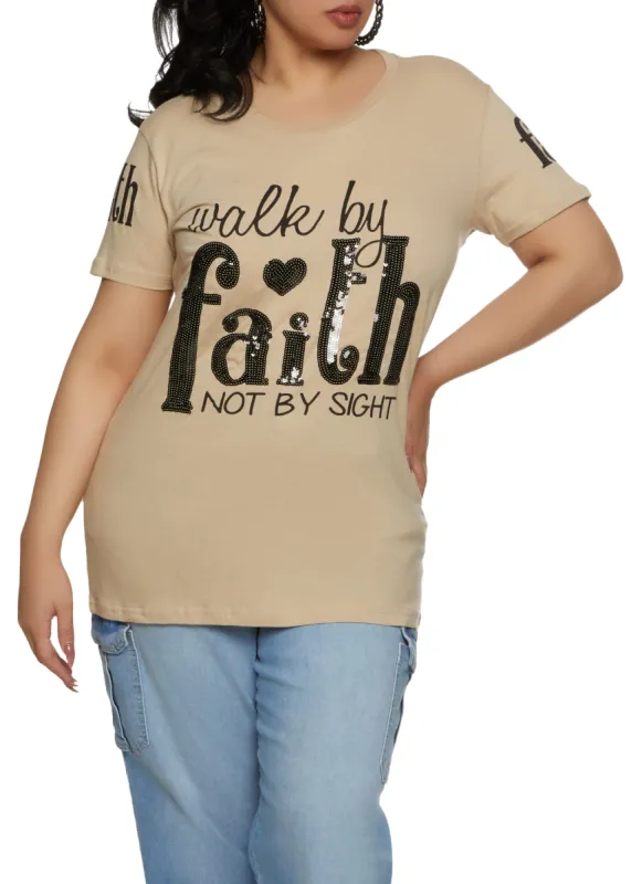 Plus Size Walk By Faith Short Sleeve Sequin Graphic Tee sold by Rainbow