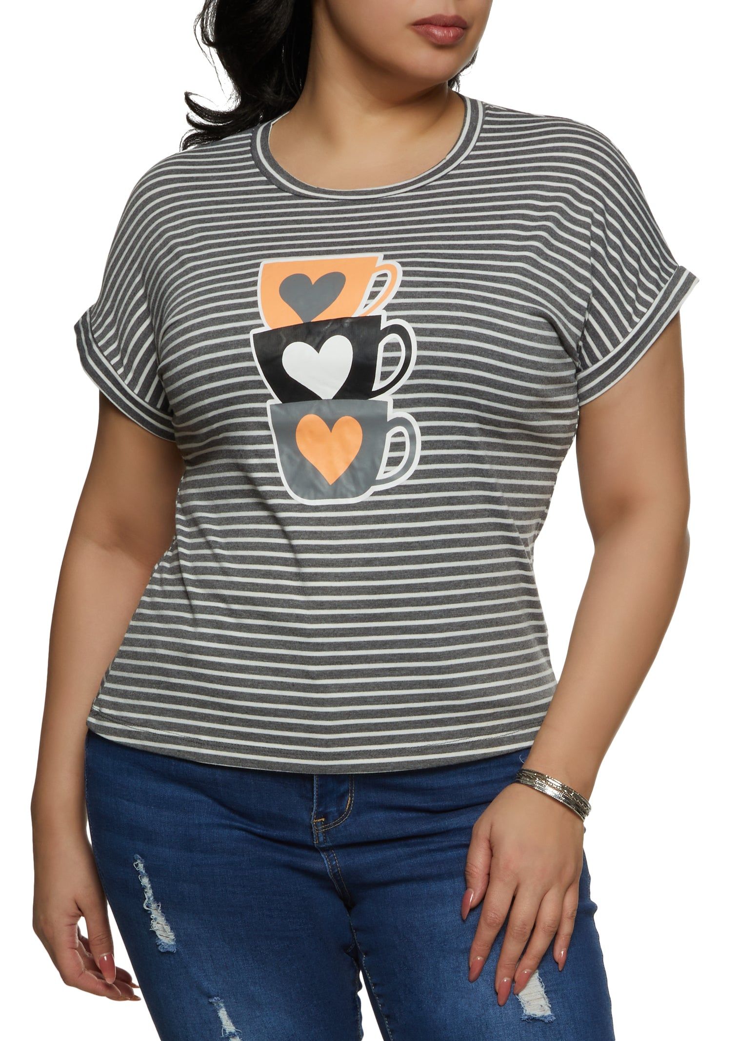 Plus Size Heart Mug Graphic Striped Tee sold by Rainbow