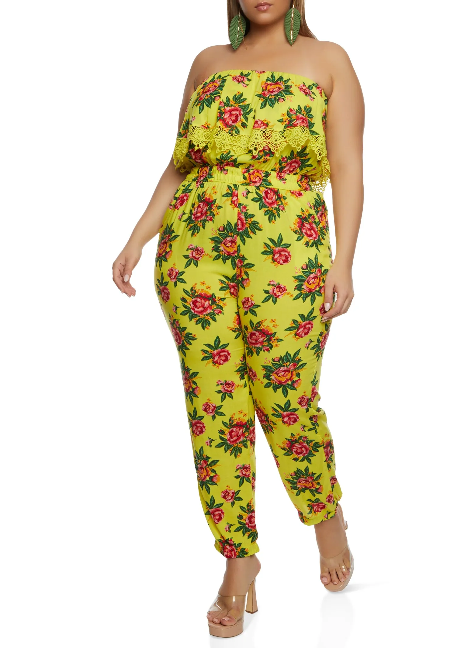 Plus Size Floral Print Crochet Detail Strapless Jumpsuit sold by Rainbow
