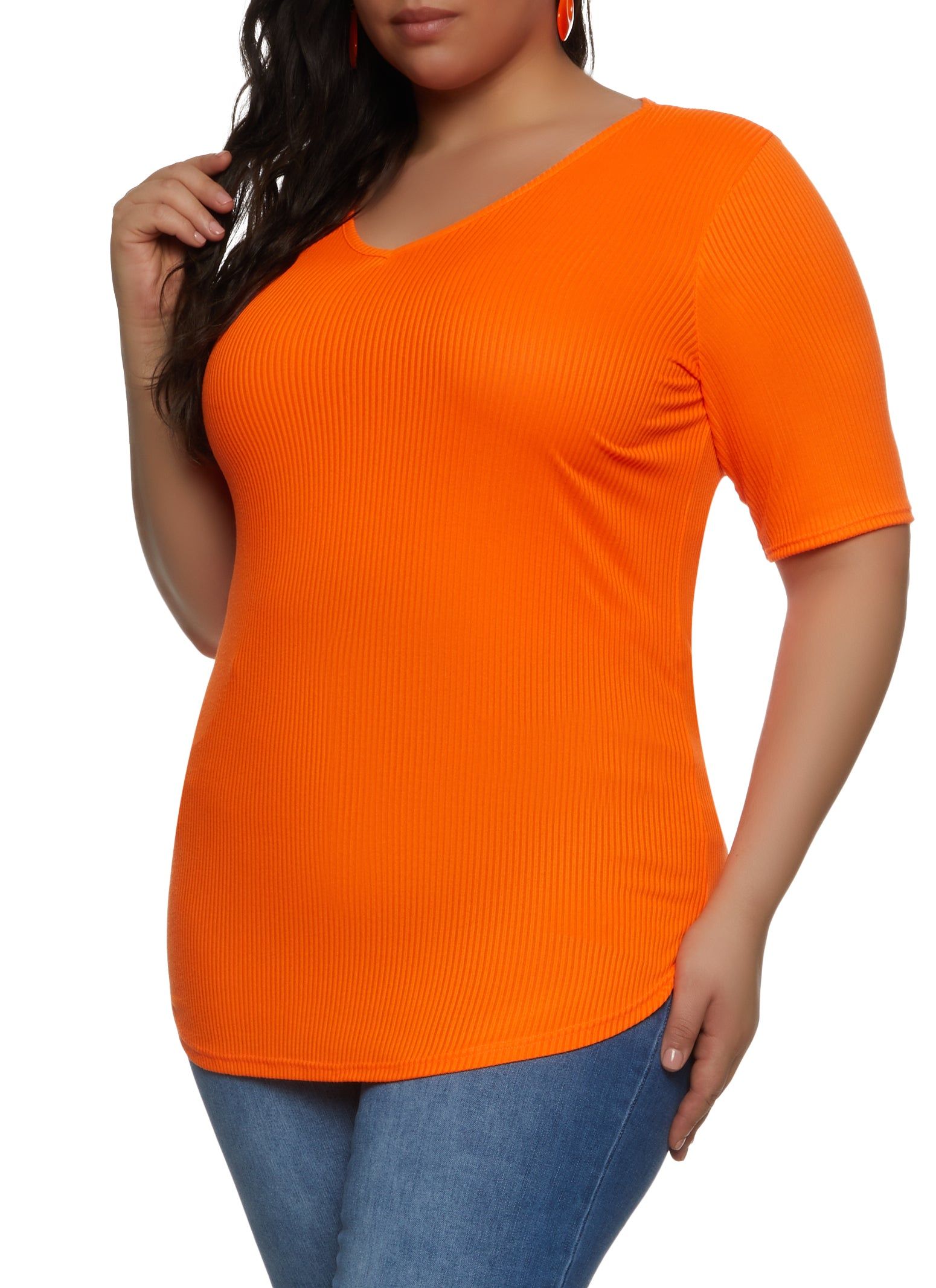 Plus Size Rib Knit V Neck Tee sold by Rainbow