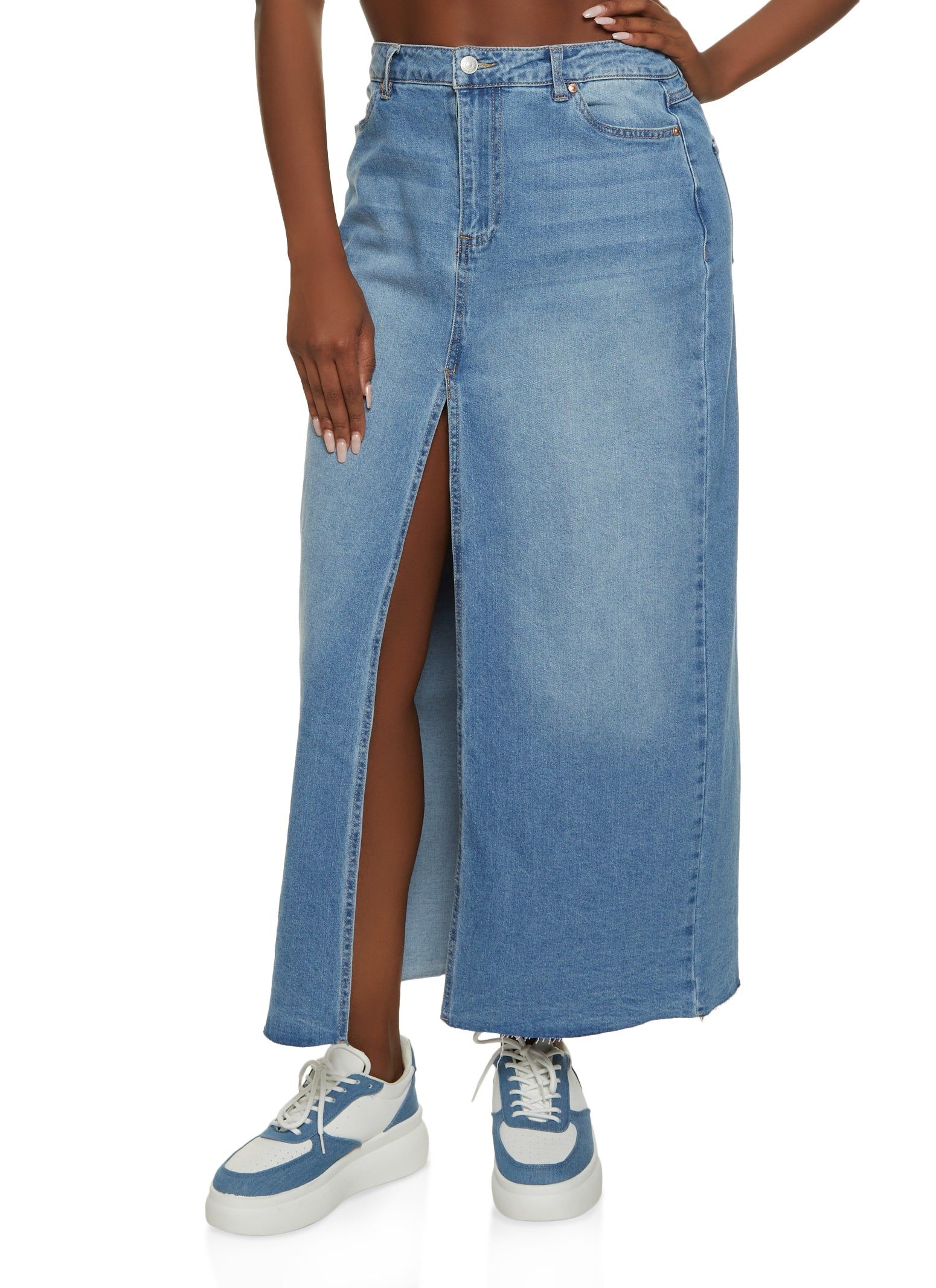 Denim Front Slit Maxi Skirt sold by Rainbow