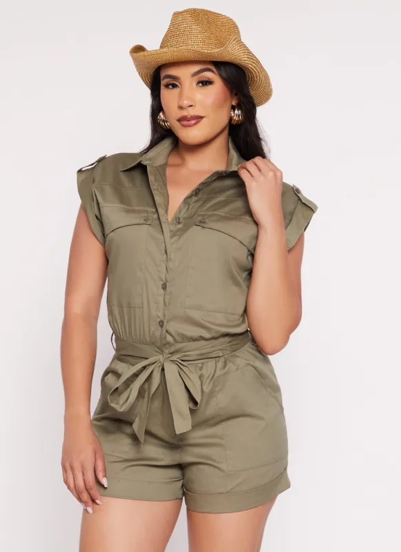 Tie Waist Belted Utility Romper sold by Rainbow