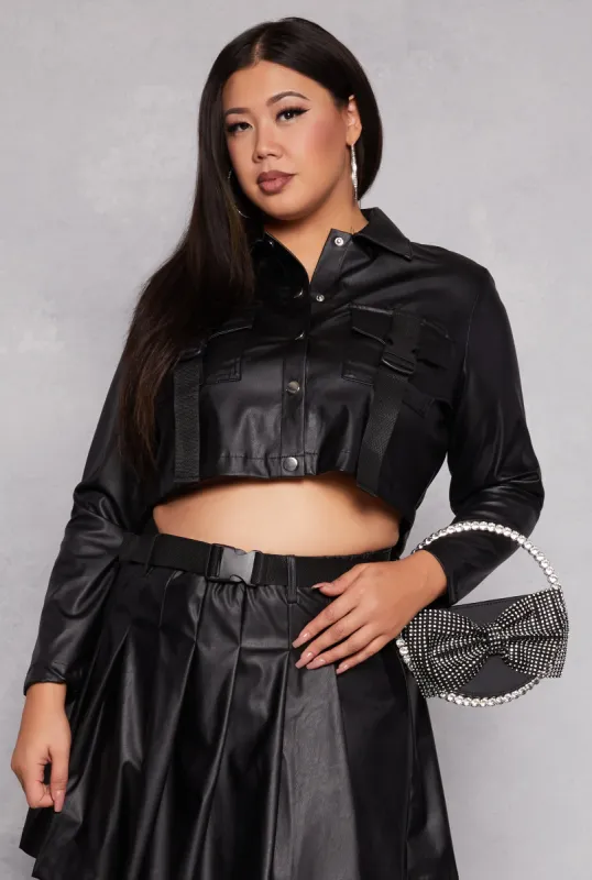 Plus Size Faux Leather Cropped Shacket sold by Rainbow