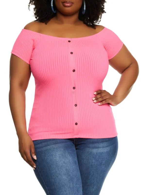 Plus Size Rib Knit Button Detail Off the Shoulder Top sold by Rainbow