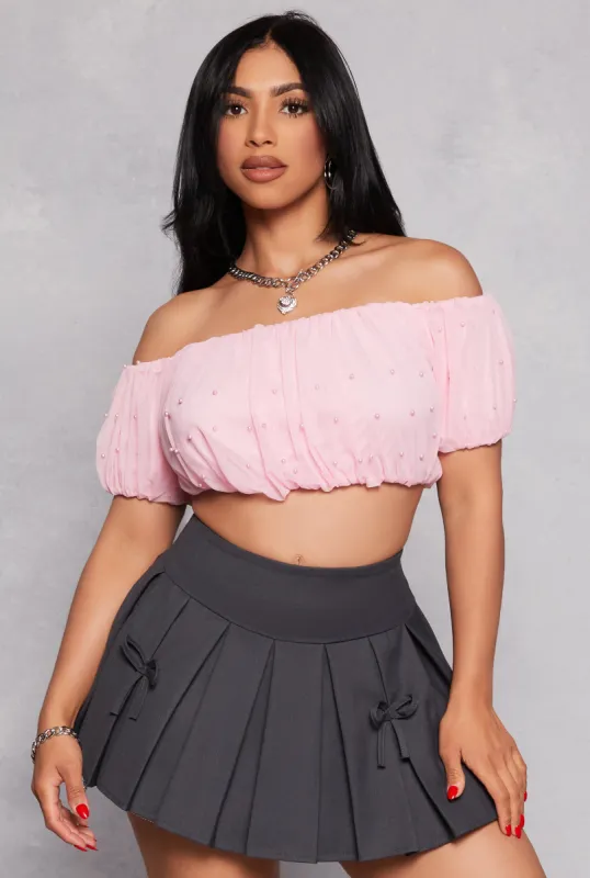 Beaded Mesh Off the Shoulder Crop Top sold by Rainbow