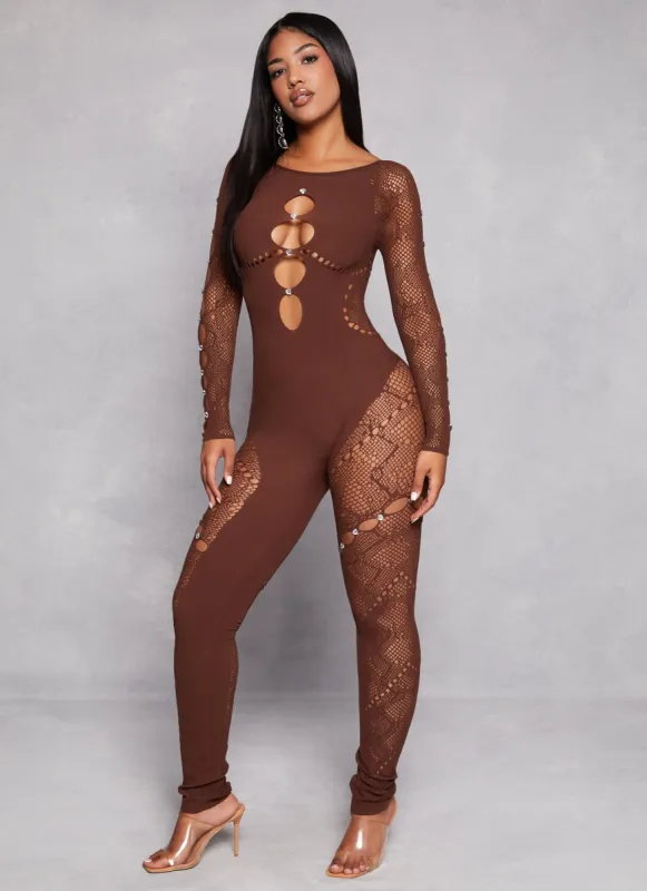 Rhinestone Cut Out Seamless Catsuit sold by Rainbow