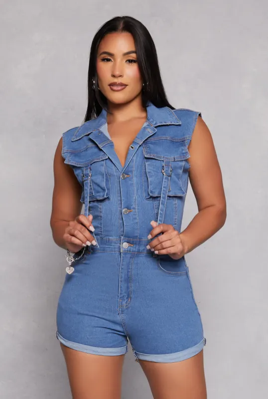 Daisy Denim Sleeveless Utility Romper sold by Rainbow