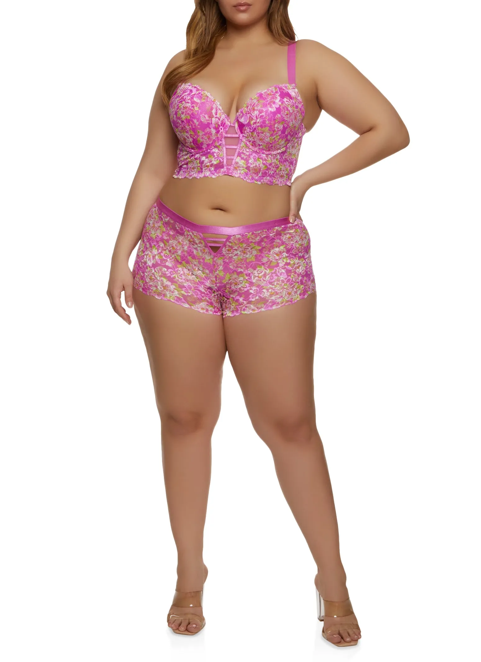 Plus Size Floral Print Caged Mesh Insert Longline Plunge Bra sold by Rainbow product image thumbnail 2