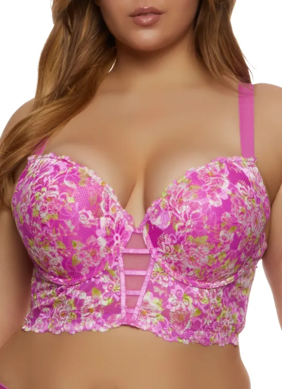 Plus Size Floral Print Caged Mesh Insert Longline Plunge Bra sold by Rainbow