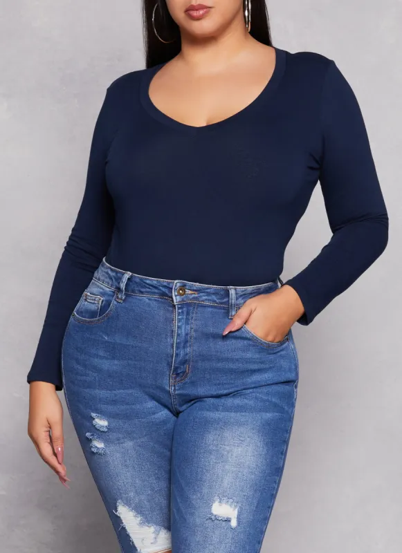 Plus Size Basic Long Sleeve V Neck Tee sold by Rainbow