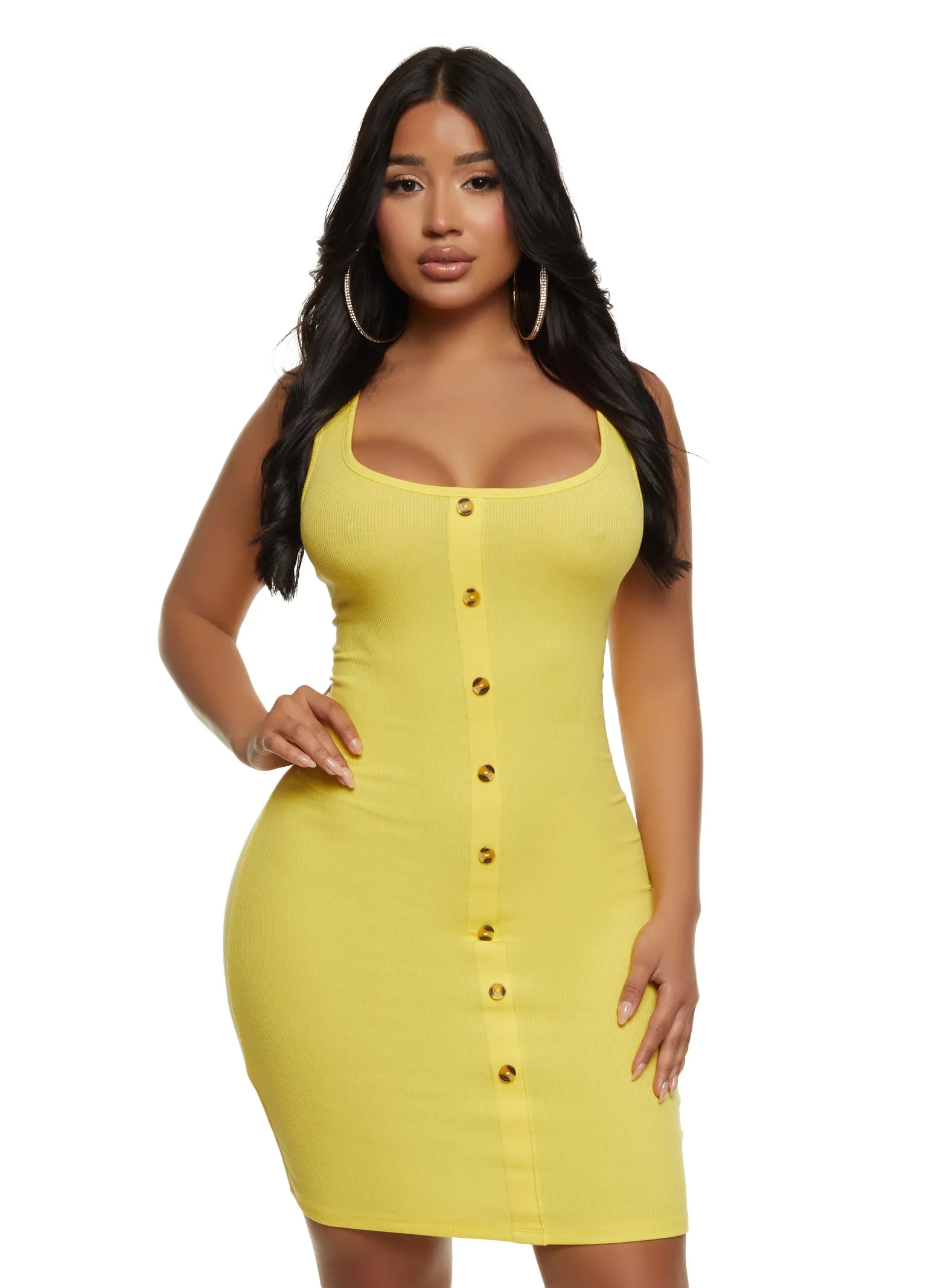 Rib Knit Scoop Neck Button Detail Tank Dress sold by Rainbow