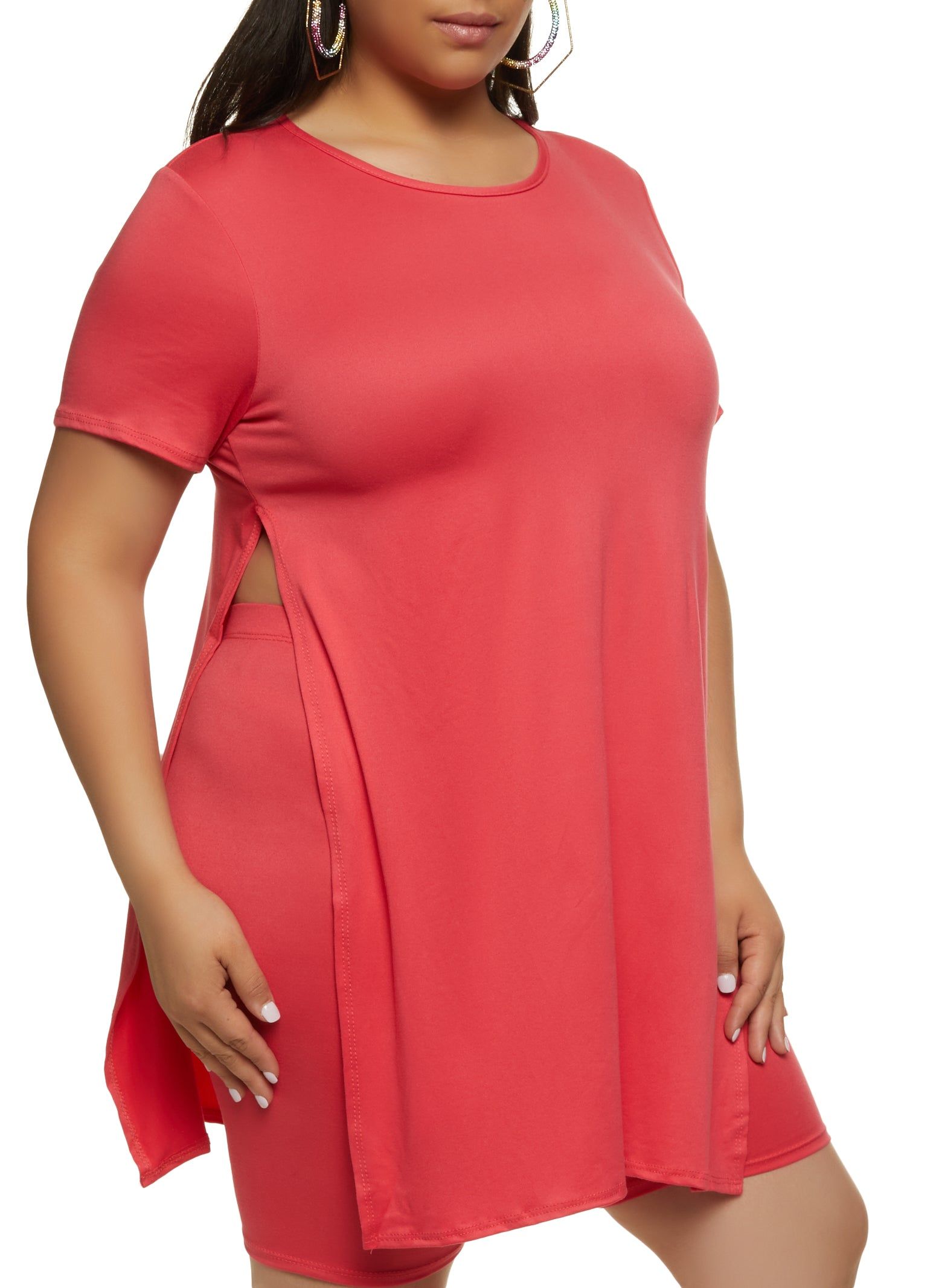 Plus Size Solid High Side Slit Tunic Tee sold by Rainbow
