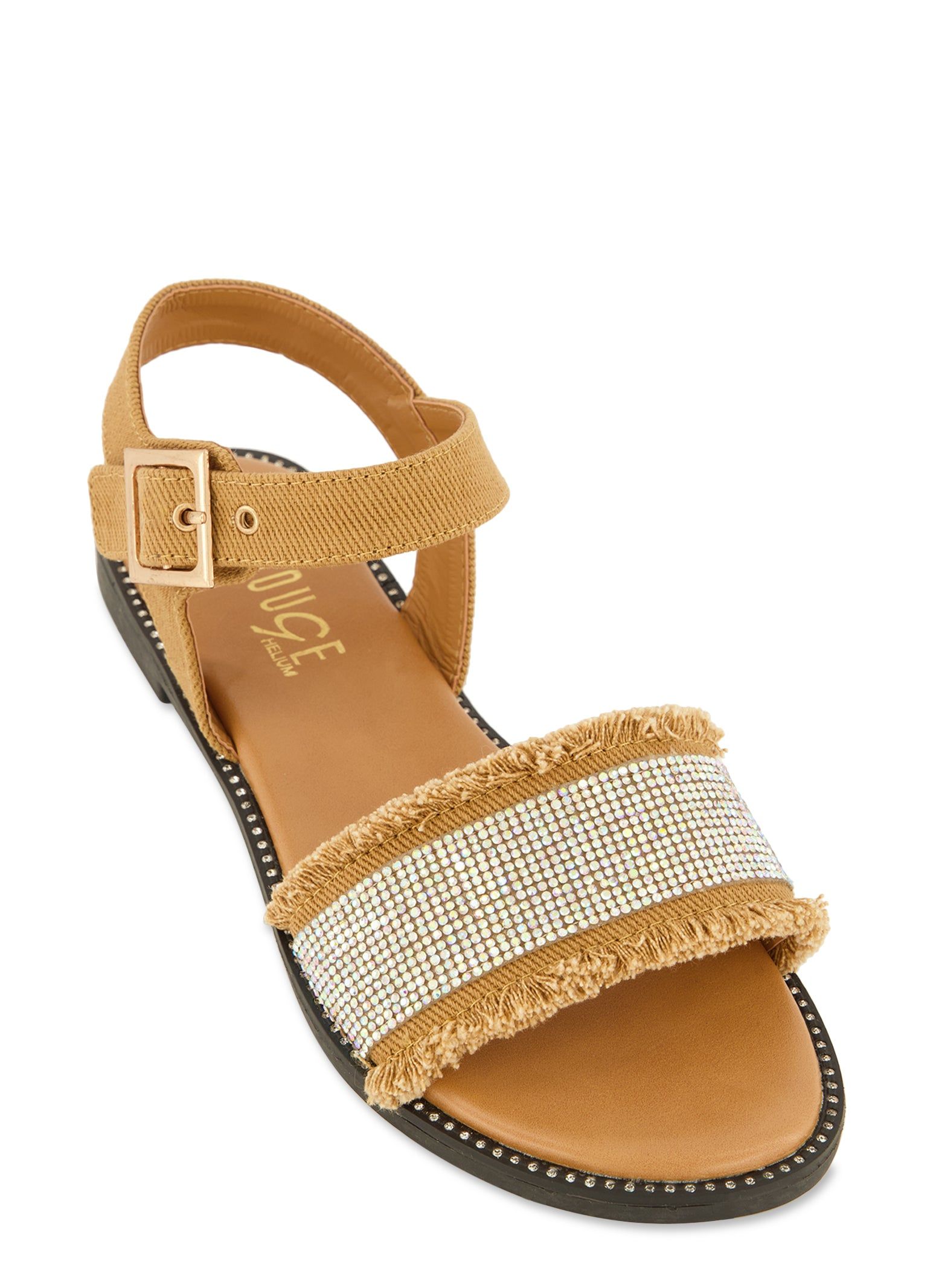 Frayed Denim Rhinestone Ankle Strap Sandals sold by Rainbow