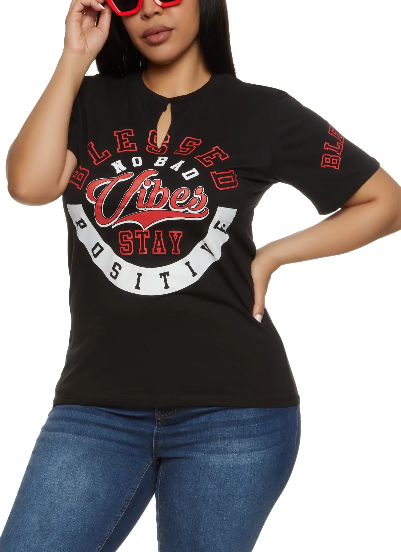 Plus Size Blessed No Bad Vibes Stay Positive Notch Neck Tee sold by Rainbow