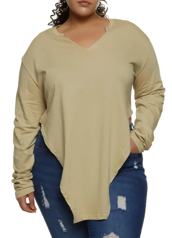 Plus Size Notch Neck Hanky Hem Tee sold by Rainbow