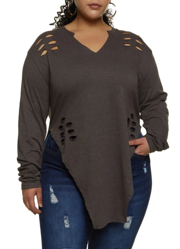 Plus Size Notch Neck Hanky Hem Tee sold by Rainbow